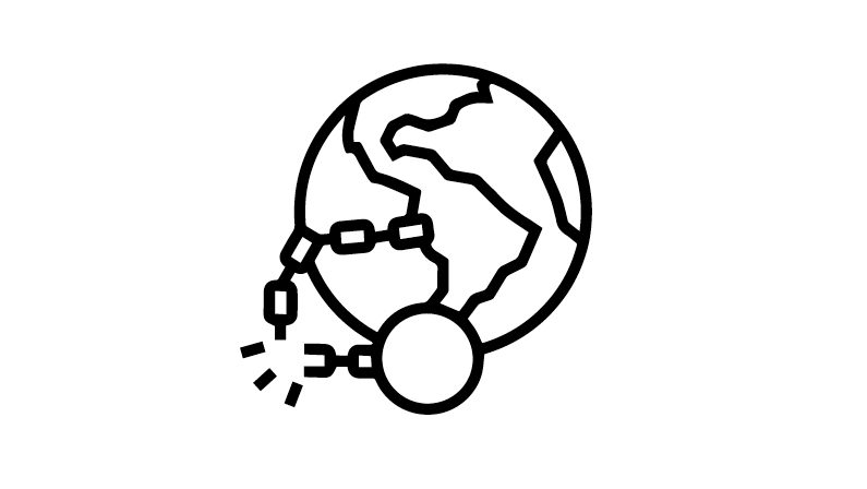 Icon of a globe with broken chains. Below, the text reads: "Decolonization & Indigenization."