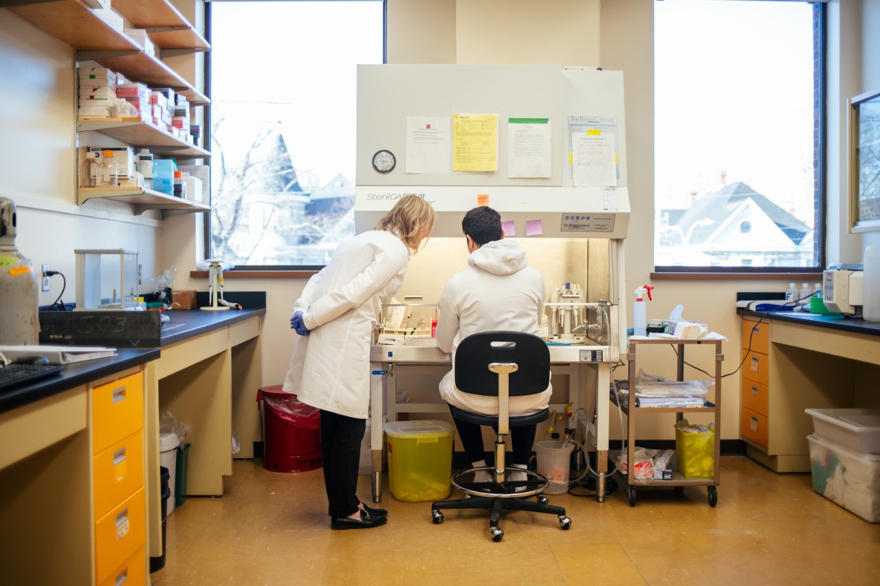 Researcher wearing white lab coat stands next to a seated researcher working at a bench. they are shown from behind.